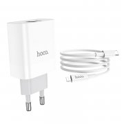 Превью Сетевое зарядное устройство Hoco C80A USB/Type-C с кабелем для Apple (Lightning - Type-C) (белое) — 4